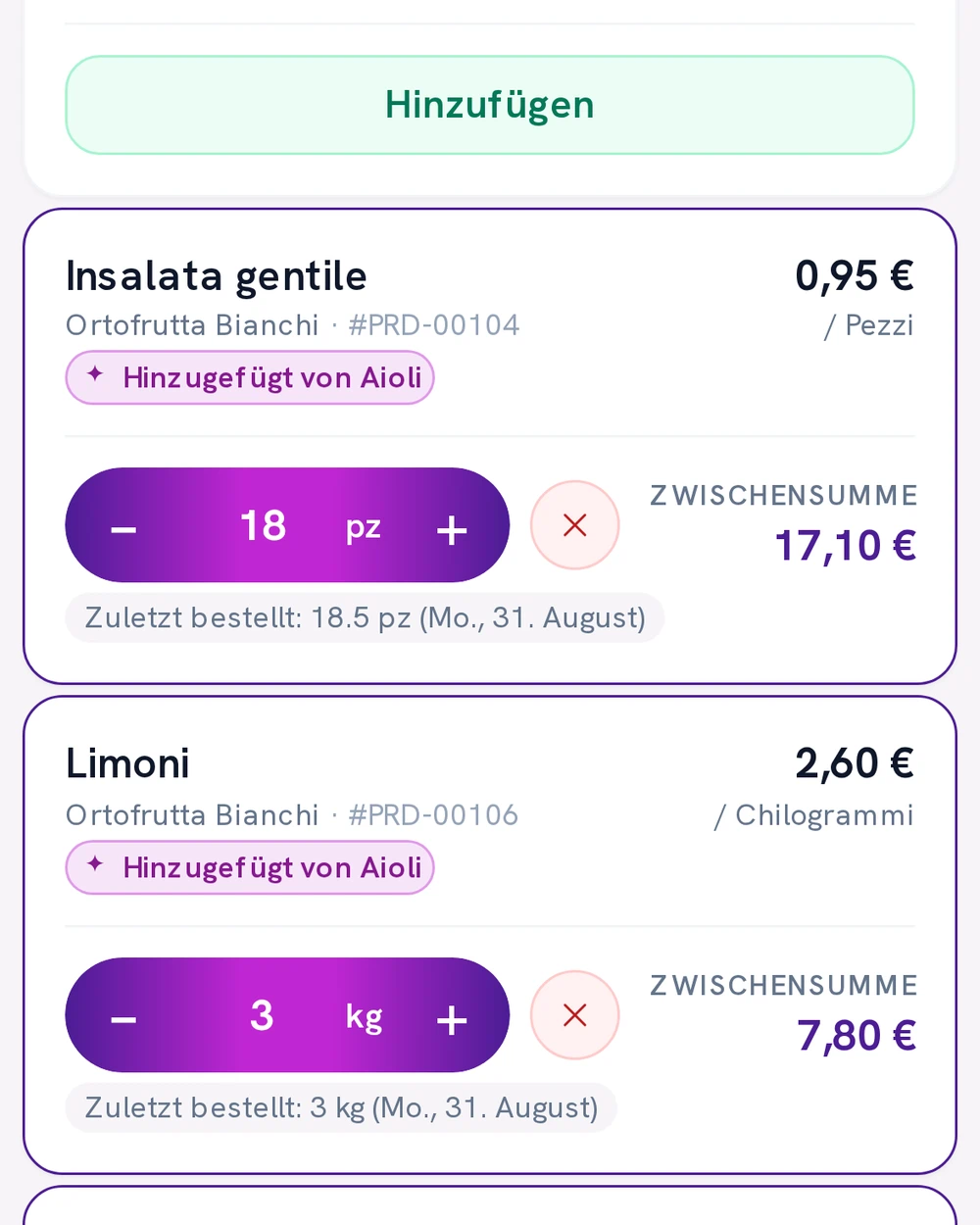 Am Telefon geöffnetes Angebot von Aioli: Bestellzeilen mit den bereits geschriebenen Mengen, gekennzeichnet mit „Hinzugefügt von Aioli“.
