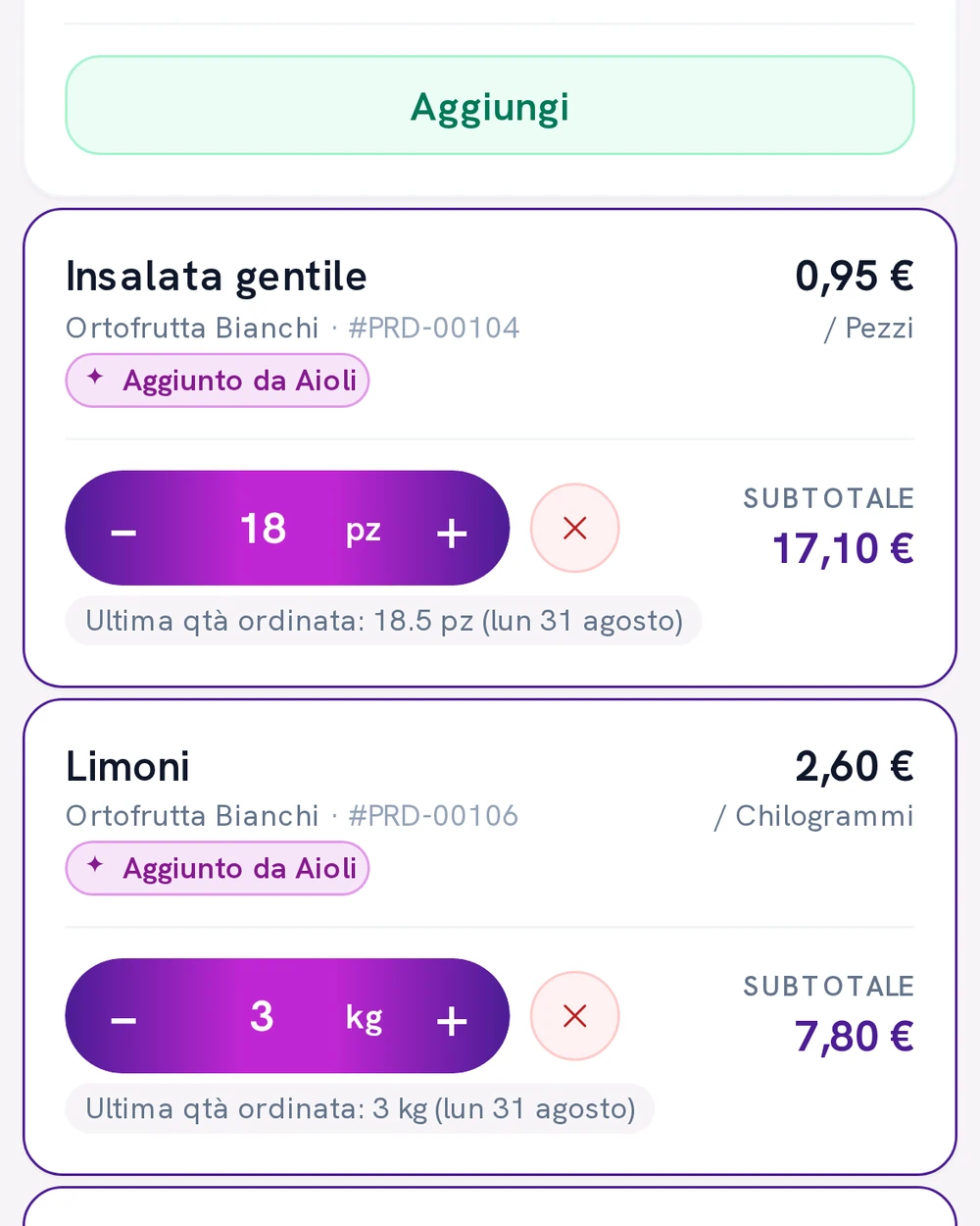 La proposta di Aioli aperta sul telefono: righe dell'ordine con le quantità già scritte, segnate «Aggiunto da Aioli».
