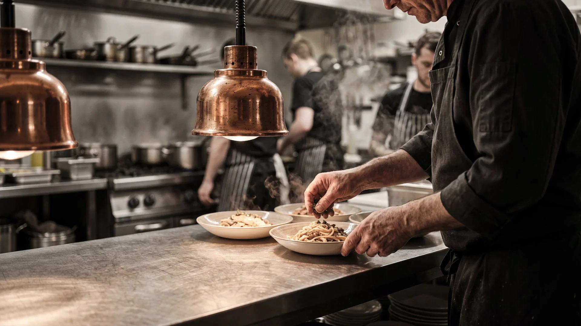 Le mani di uno chef completano i piatti sul pass del ristorante, sotto la lampada riscaldante, durante il servizio.