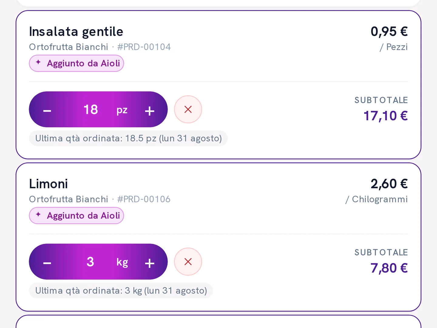 Una proposta d'ordine aperta in mayo: le righe hanno già le quantità, fornitore Ortofrutta Bianchi.