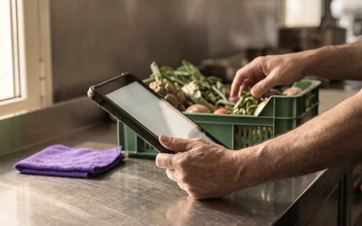 Un addetto confronta il riepilogo dell'ordine su tablet con i prodotti appena consegnati.